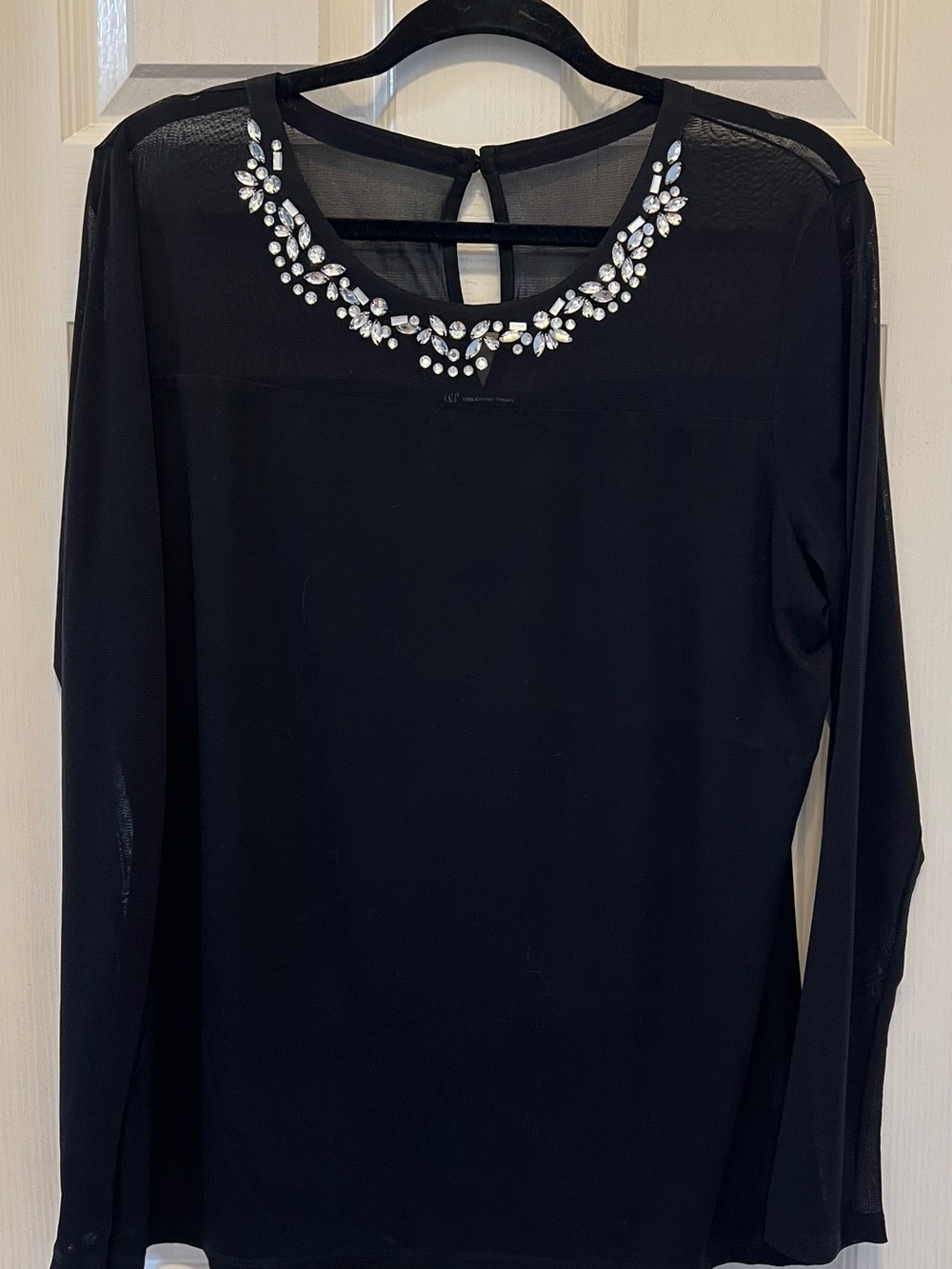 INC International Concepts Black Long-Sleeve Top with Jewel Neckline